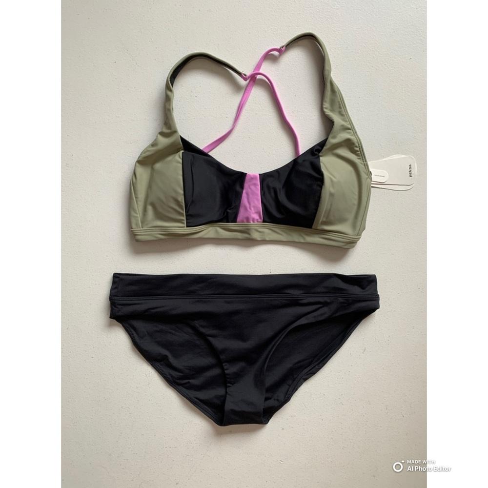 Prana Large Bikini Set Color Block Tulum Top + Black Summer Wave Bottom NWT